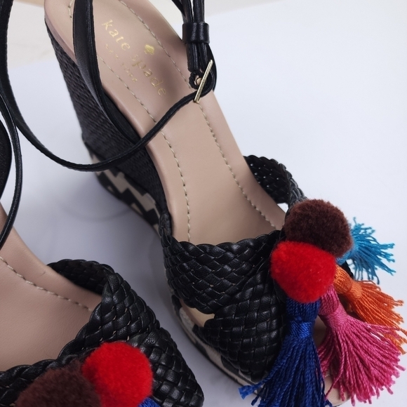 Kate Spade Black Woven Platform Sandal Wedges with Tassels Sz 6m - Picture 13 of 14